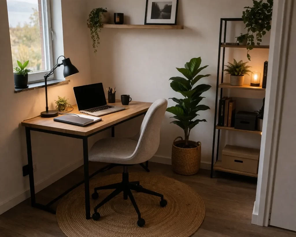 Compacte en rustige werkplek met houten bureau, zachte stoel en veel daglicht.