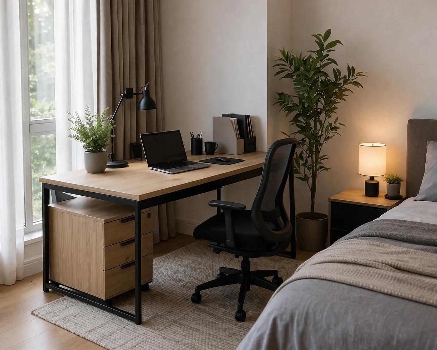 Een rustige slaapkamer met een modern thuiskantoor, veel daglicht en een praktische werkplek.