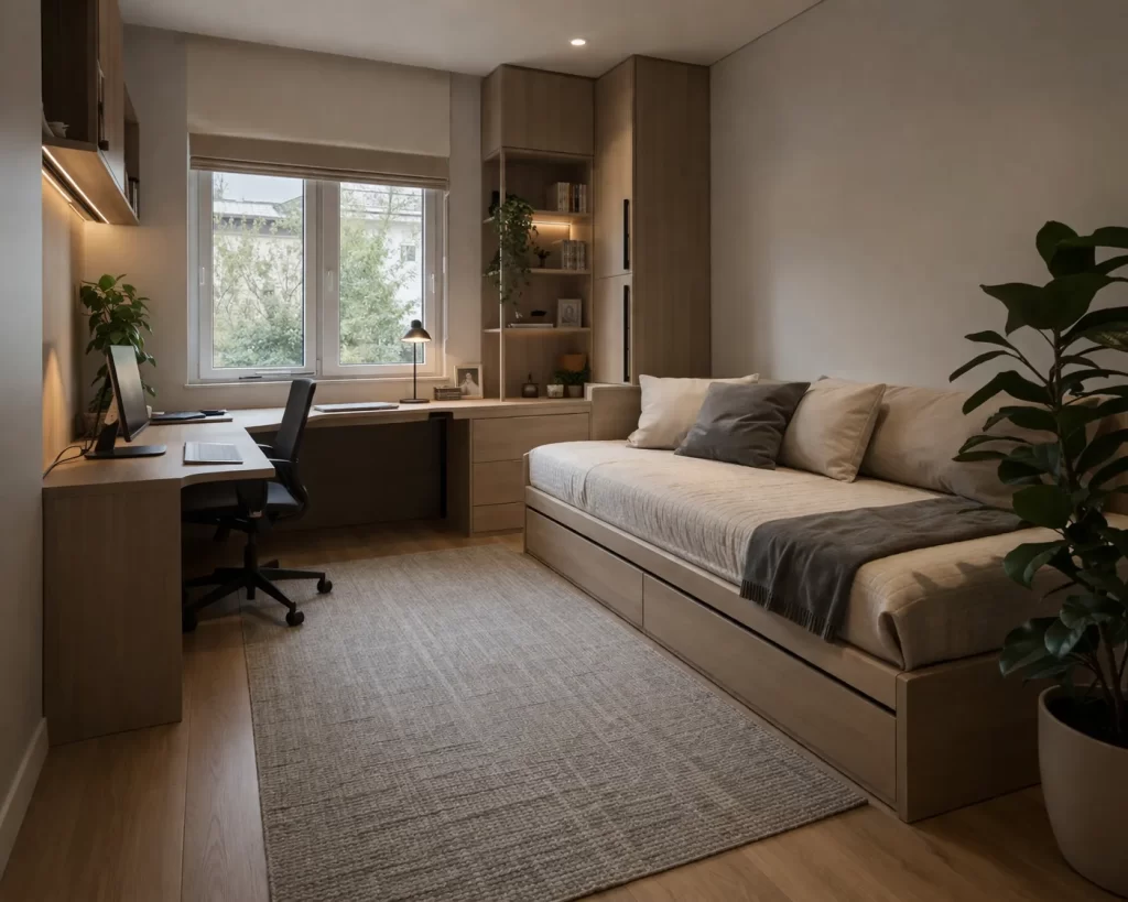 Een rustige, moderne kamer met een praktische werkplek en een comfortabel logeerbed.