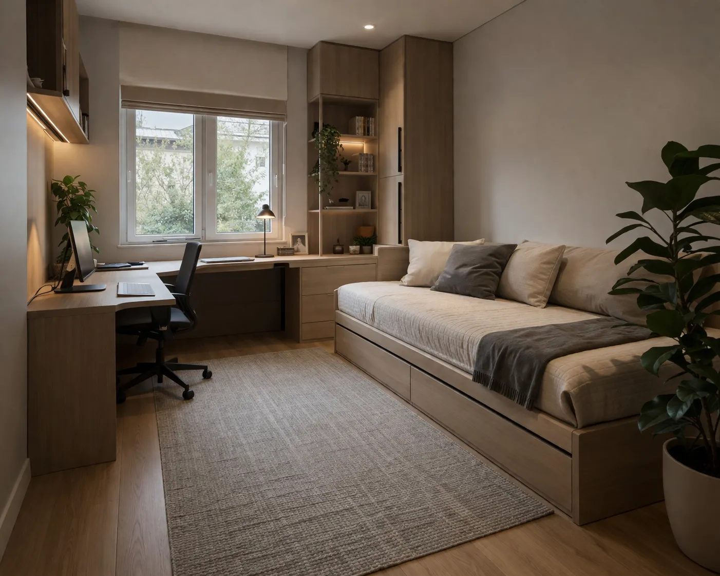 Een rustige, moderne kamer met een praktische werkplek en een comfortabel logeerbed.