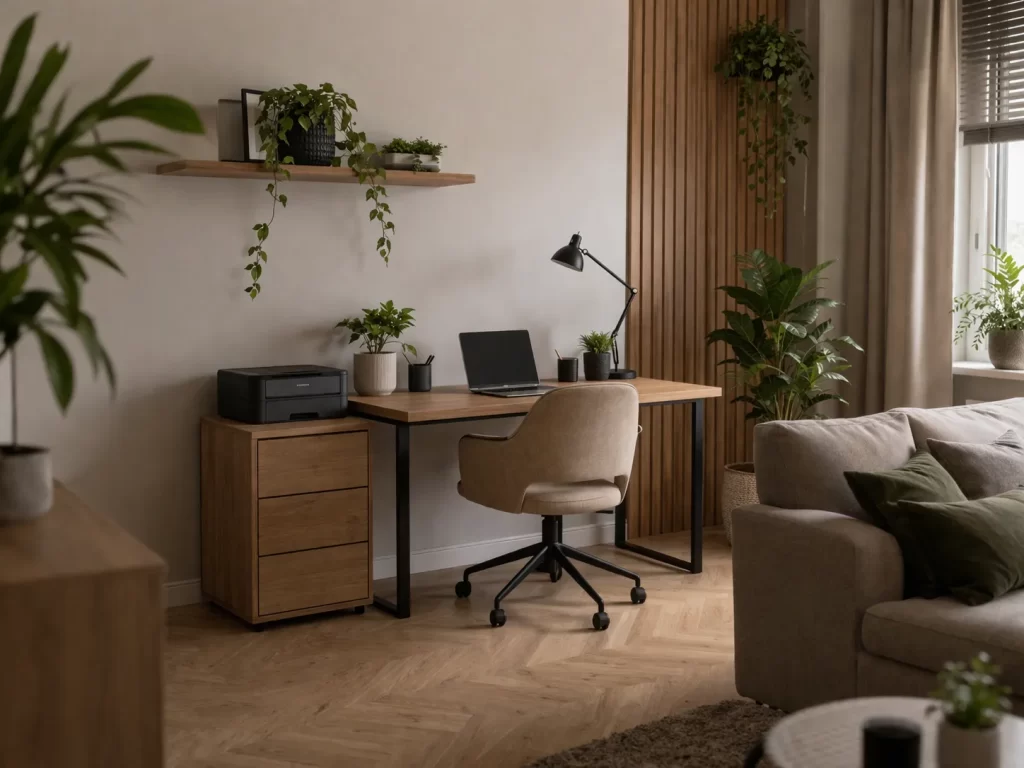 Een moderne en rustige werkhoek in de woonkamer met houten bureau, comfortabele stoel en natuurlijke accenten.