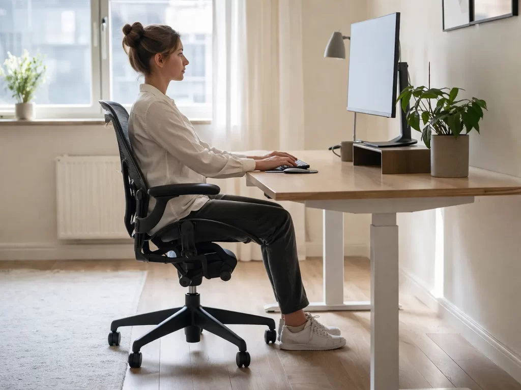 Ergonomische thuiswerkplek met een correcte bureauhoogte, rechte zithouding en ontspannen armen.