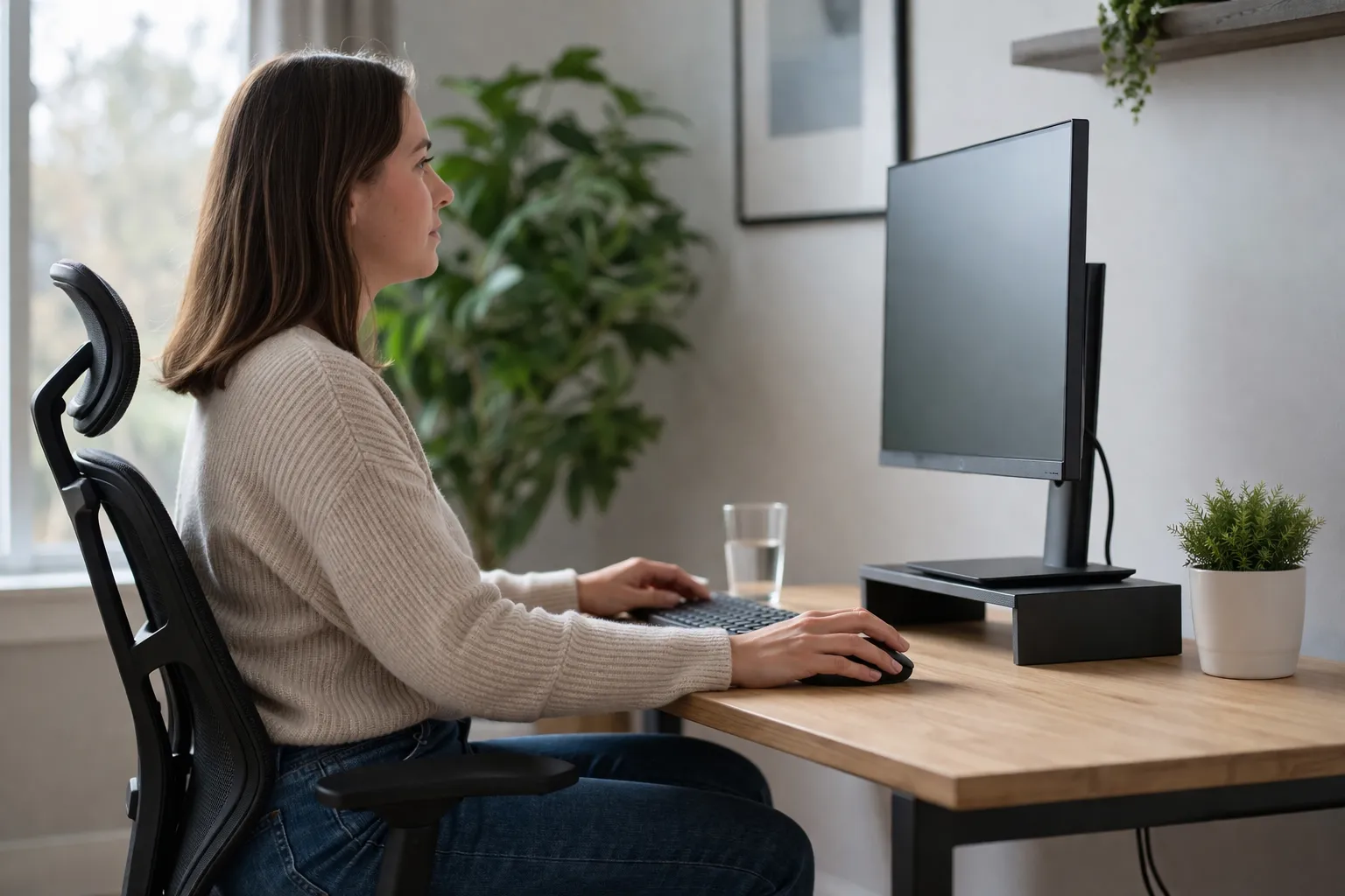 Ergonomische thuiswerkplek met monitor op ooghoogte voor een comfortabele en gezonde werkhouding.