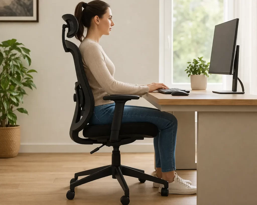 Ergonomische zithouding aan een thuiswerkplek met correct ingestelde bureaustoel, bureau en monitor.