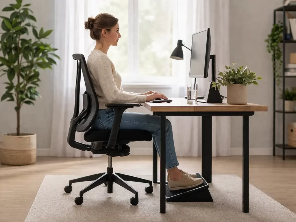 Ergonomische thuiswerkplek met goede zithouding, verstelbaar bureau en rustige, moderne sfeer.