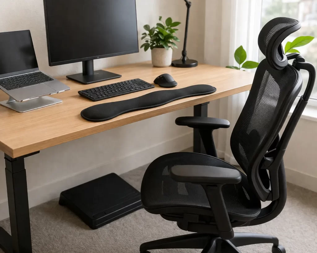 Een moderne thuiswerkplek met een ergonomische stoel, monitorstandaard, laptopstandaard, polssteun en voetensteun.