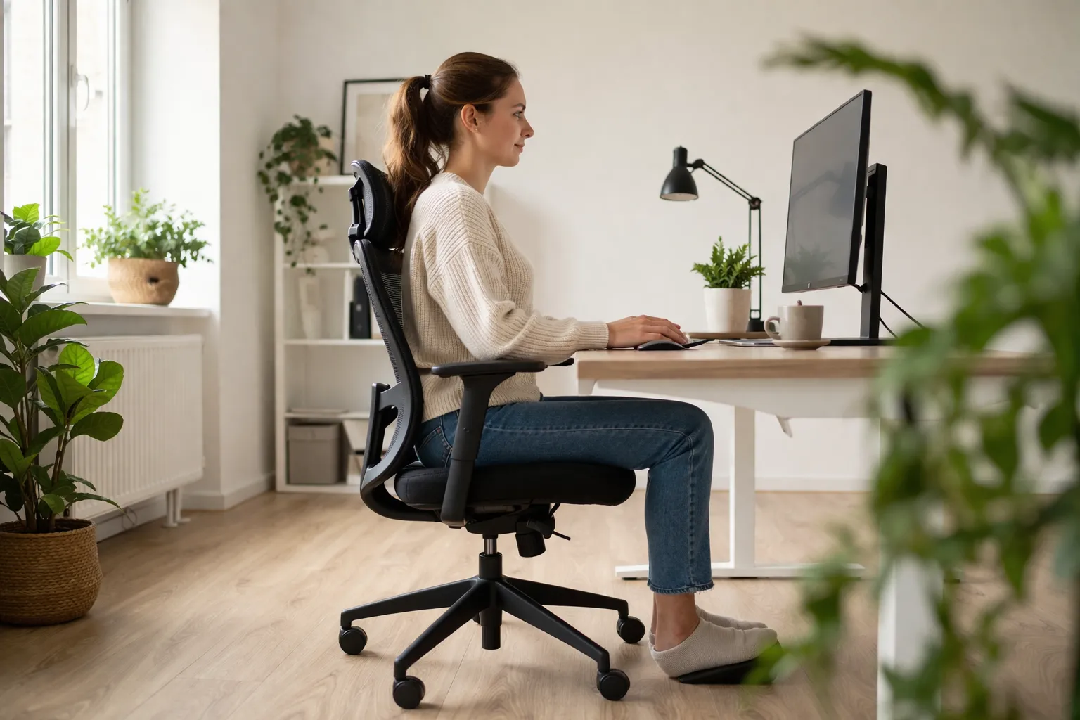 Ergonomische thuiswerkplek met rechte rug, ontspannen schouders en een rustige, professionele sfeer.