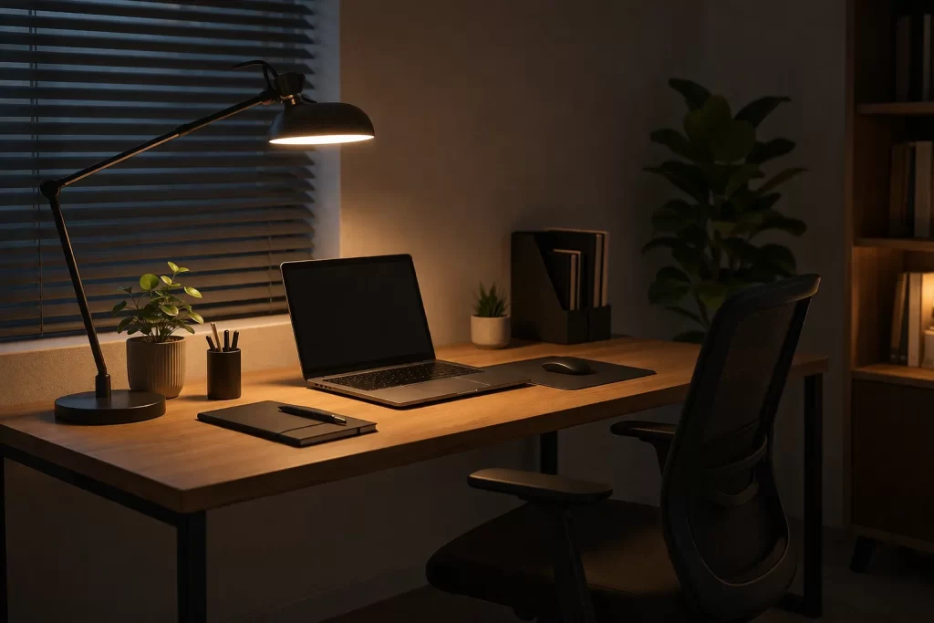 Een warme, moderne werkplek met zachte bureaulamp voor comfortabel en rustig thuiswerken.