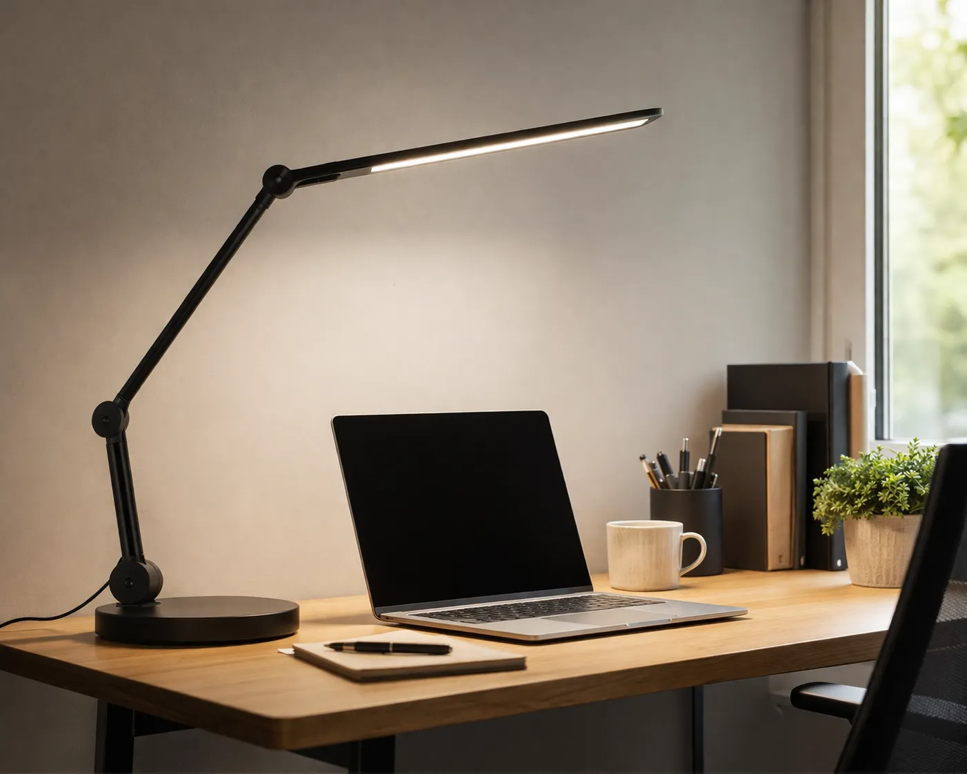 Moderne thuiswerkplek met een strakke bureaulamp, warm licht en een rustige, nette sfeer.