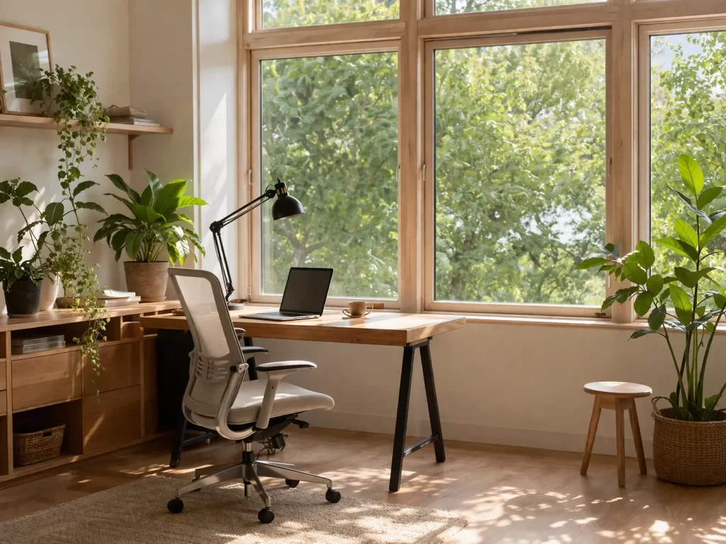 Een stijlvol thuiskantoor met veel natuurlijk licht, houten meubels en groene planten.
