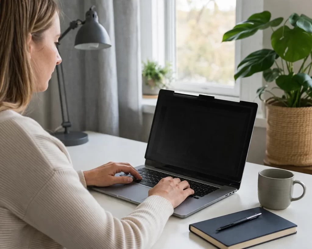Een rustige thuiswerkplek met slim geplaatst scherm en zacht daglicht om reflectie te verminderen.