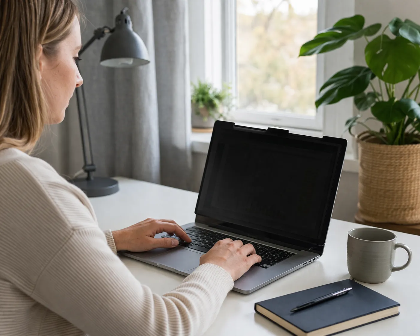 Een rustige thuiswerkplek met slim geplaatst scherm en zacht daglicht om reflectie te verminderen.
