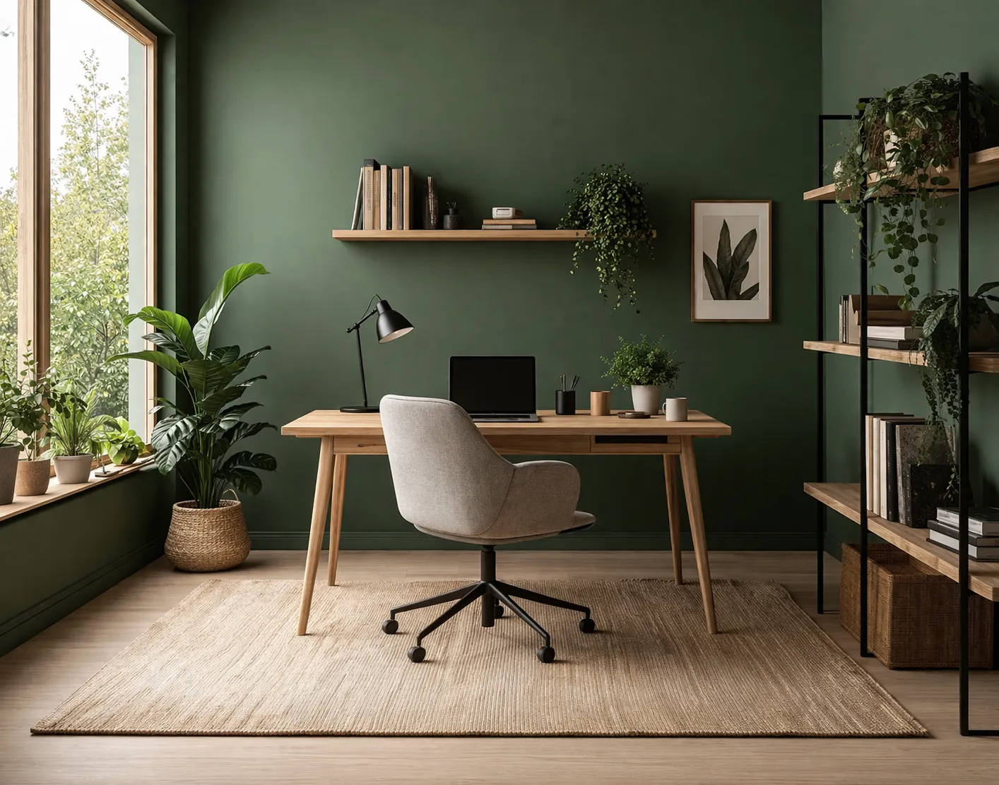Een modern en licht thuiskantoor met groene muren, houten meubels en een rustige sfeer voor focus en concentratie.