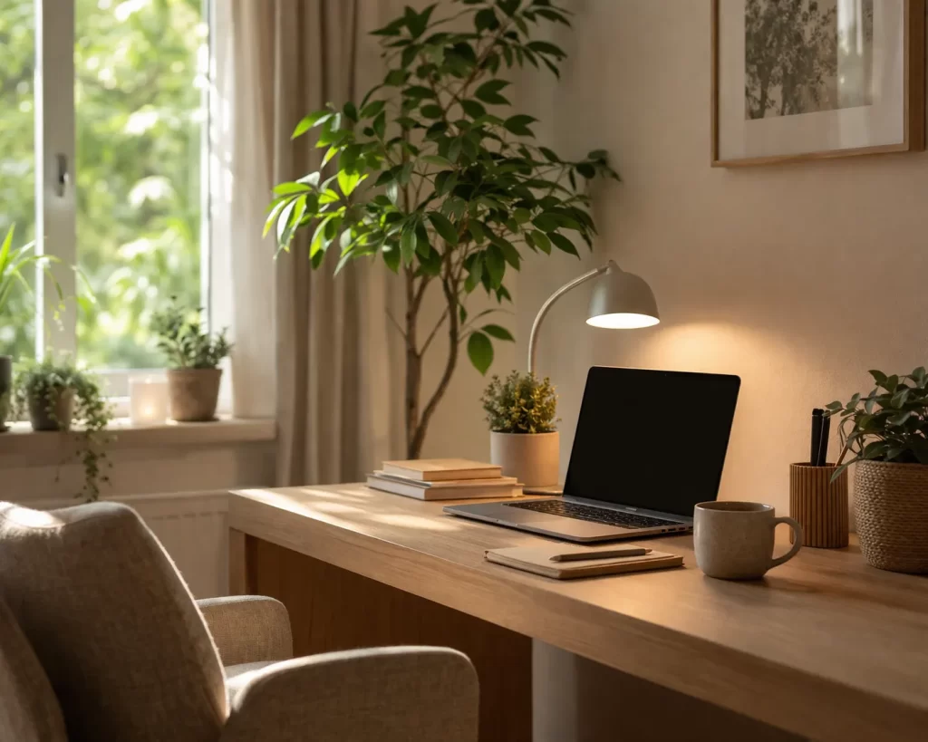 Een lichte, serene thuiswerkplek met houten bureau, zachte natuurtinten en groene planten voor een kalme sfeer.