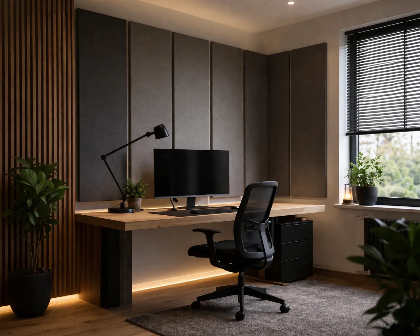 Modern thuiskantoor met akoestische panelen voor meer rust en minder galm.