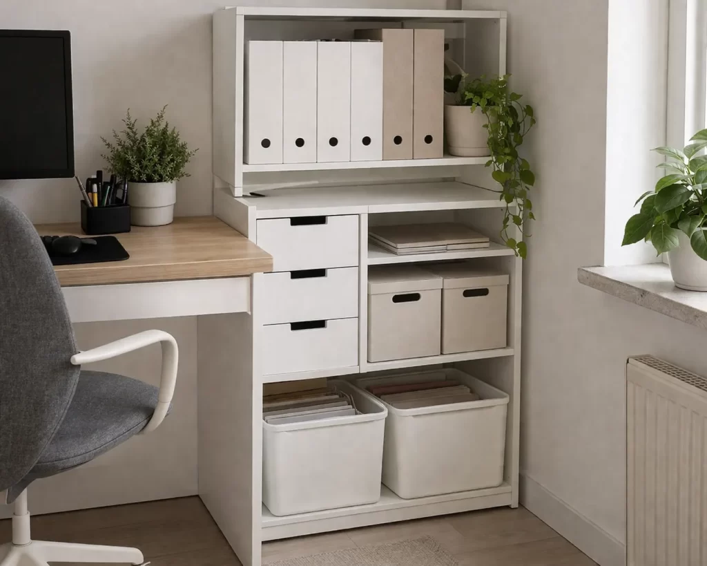 Een lichte en nette werkplek met slimme opbergvakken, lades en dozen.