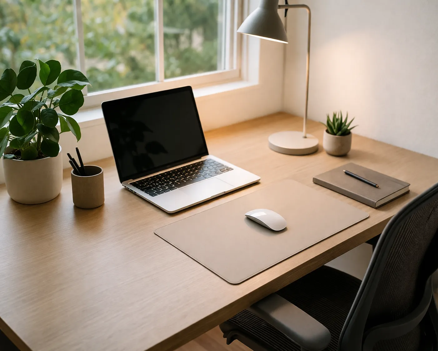 Een nette en rustige thuiswerkplek met een modern bureau, laptop en natuurlijk daglicht.
