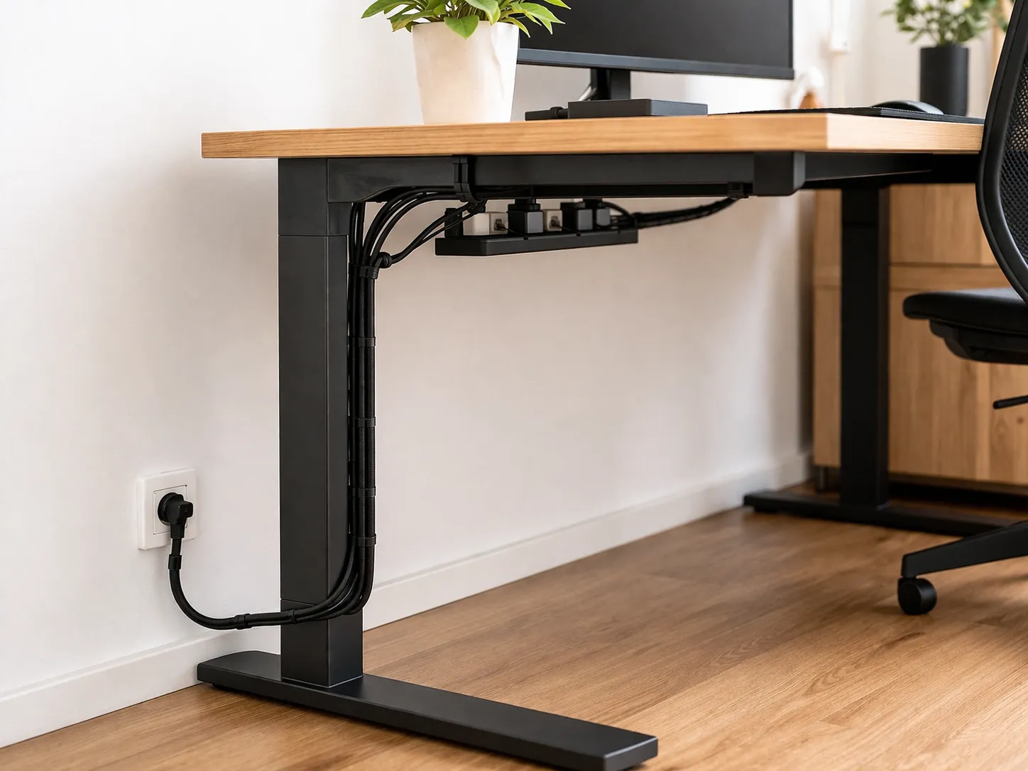 Net en strak weggewerkte kabels onder een modern bureau voor een opgeruimde en rustige thuiswerkplek.