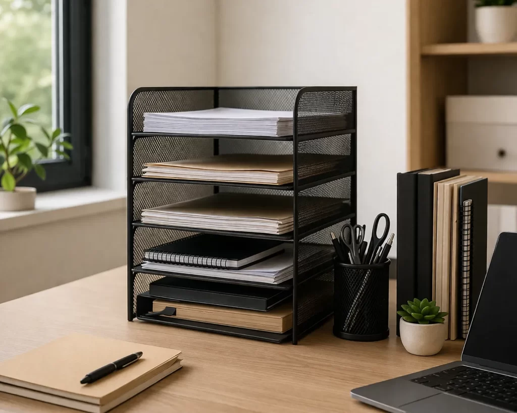 Opgeruimd thuiskantoor met papieren en mappen.