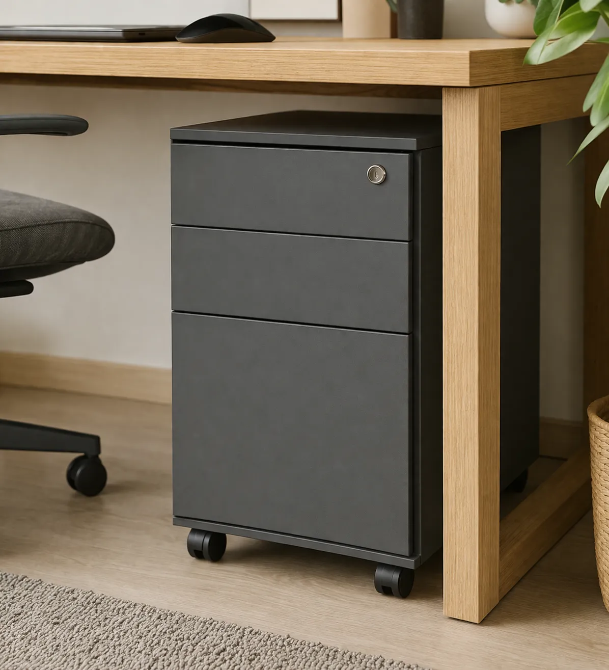 Compact en modern ladeblok op wieltjes, perfect voor extra opbergruimte onder een bureau in een thuiskantoor.