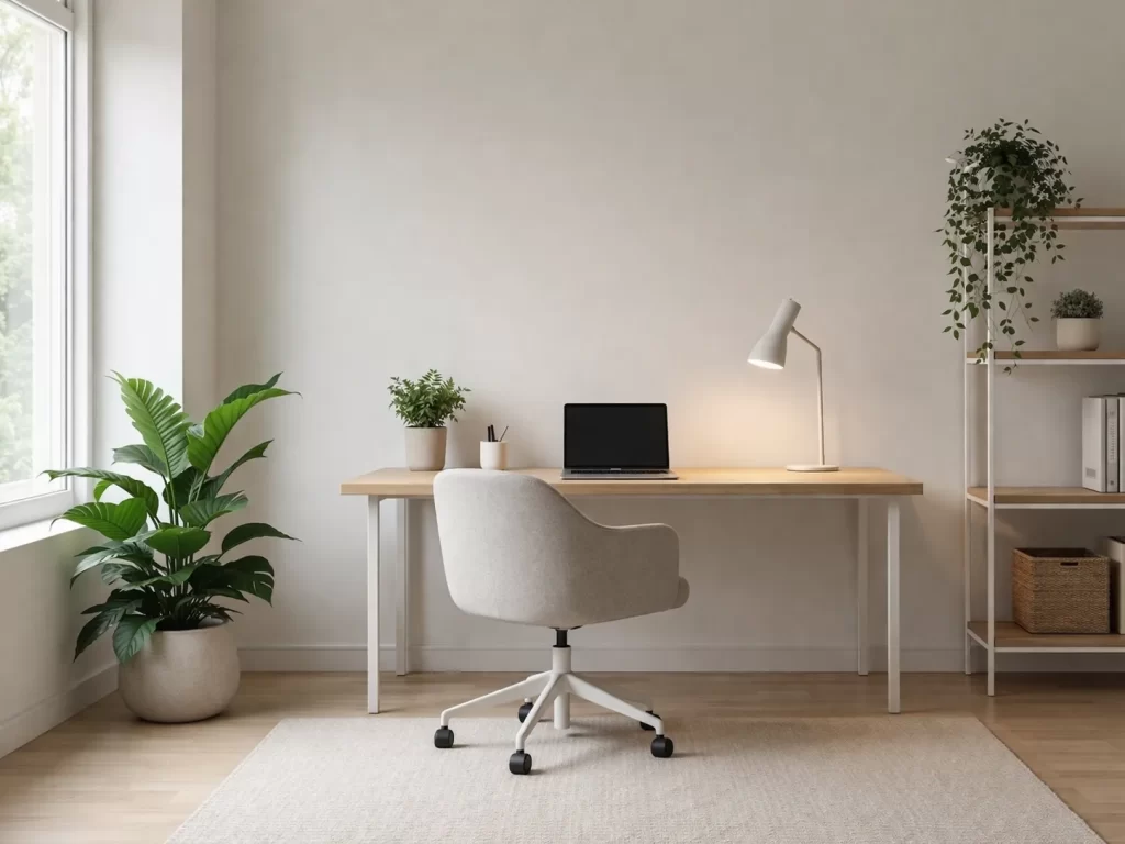 Rustige werkplek met licht hout, zachte tinten en natuurlijke daglichtinval.