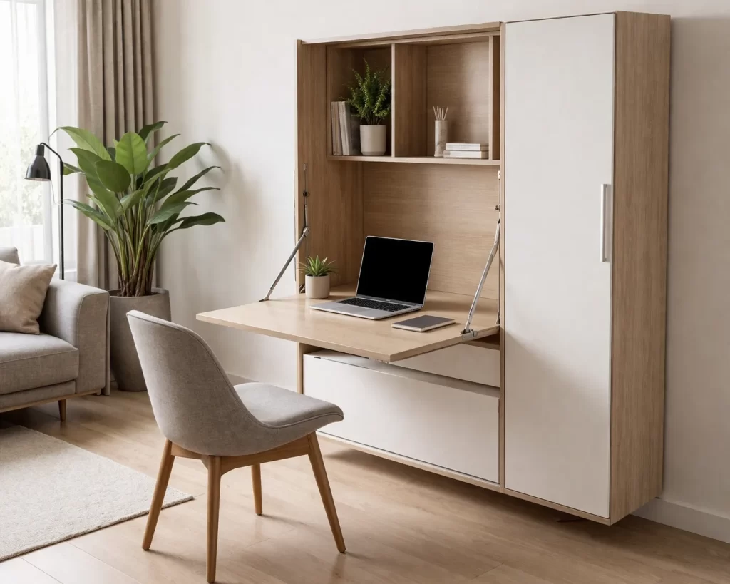 Een stijlvol multifunctioneel meubel met ingebouwd bureau, ideaal voor een compact en modern thuiskantoor.