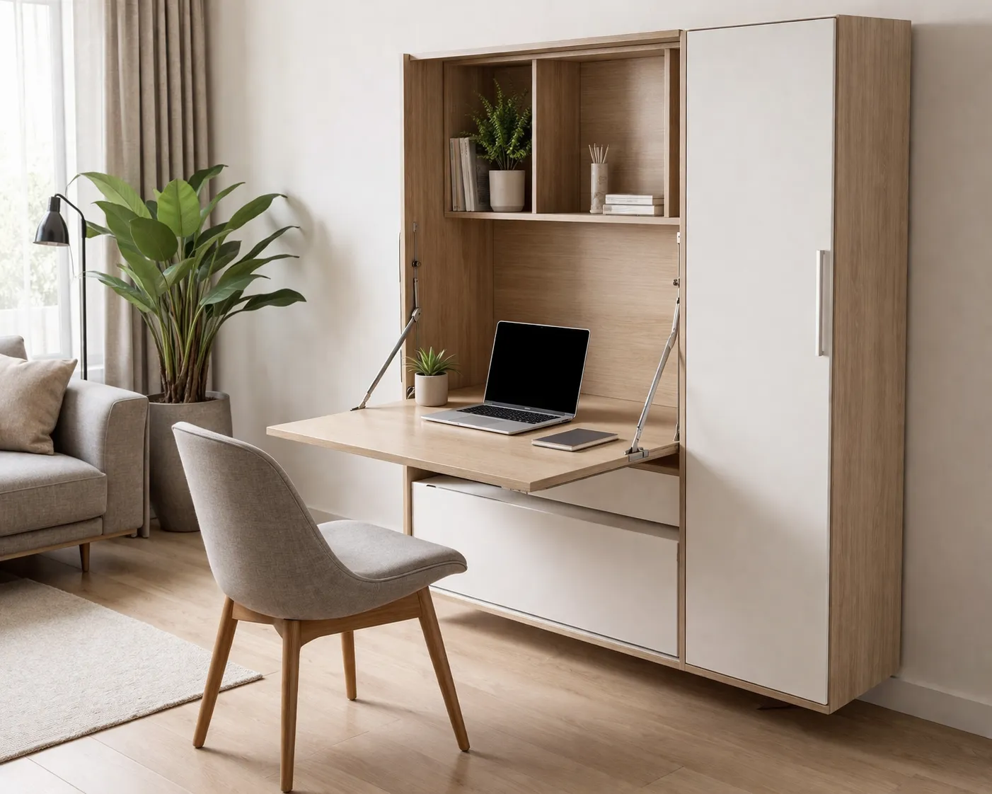 Een stijlvol multifunctioneel meubel met ingebouwd bureau, ideaal voor een compact en modern thuiskantoor.