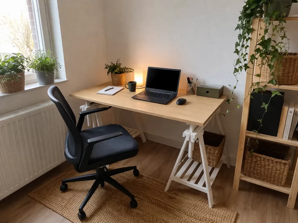 Een eenvoudig en stijlvol thuiskantoor met een klein budget, veel daglicht en praktische meubels.