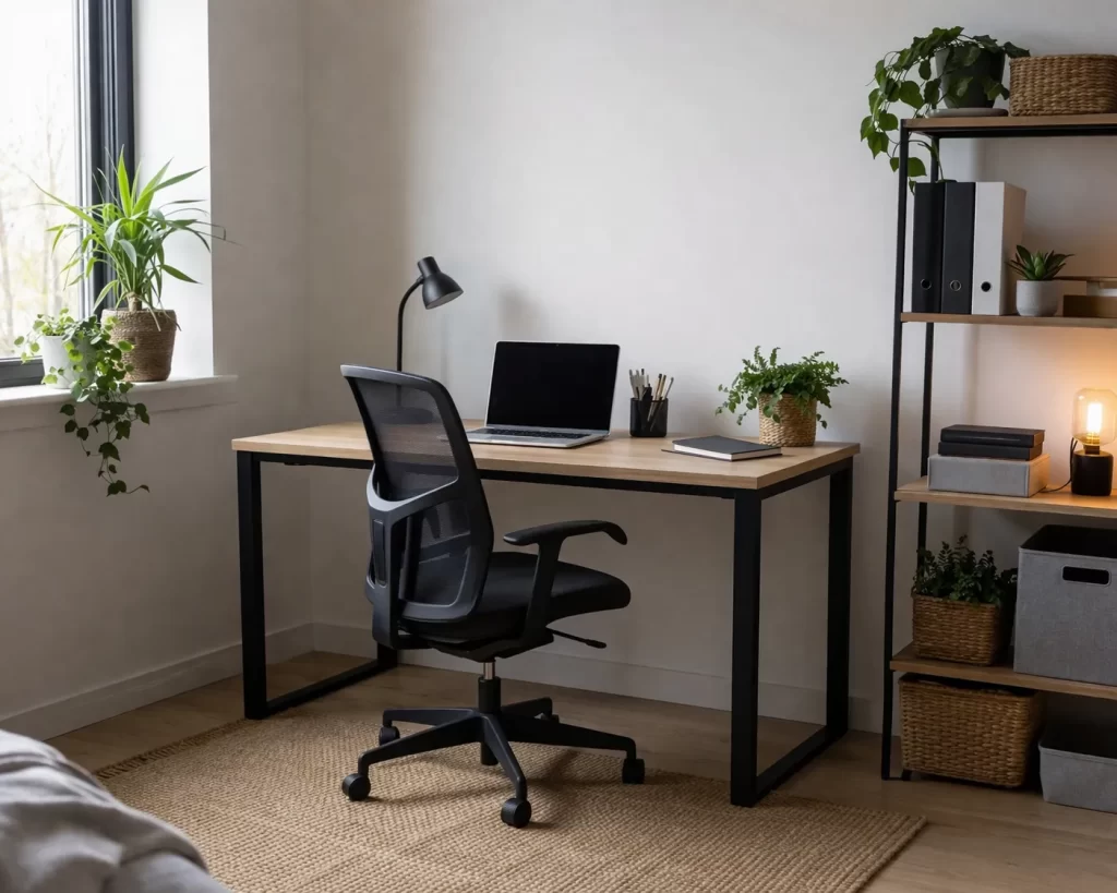 Eenvoudige en betaalbare thuiswerkplek met bureau, comfortabele stoel en praktische opbergruimte.