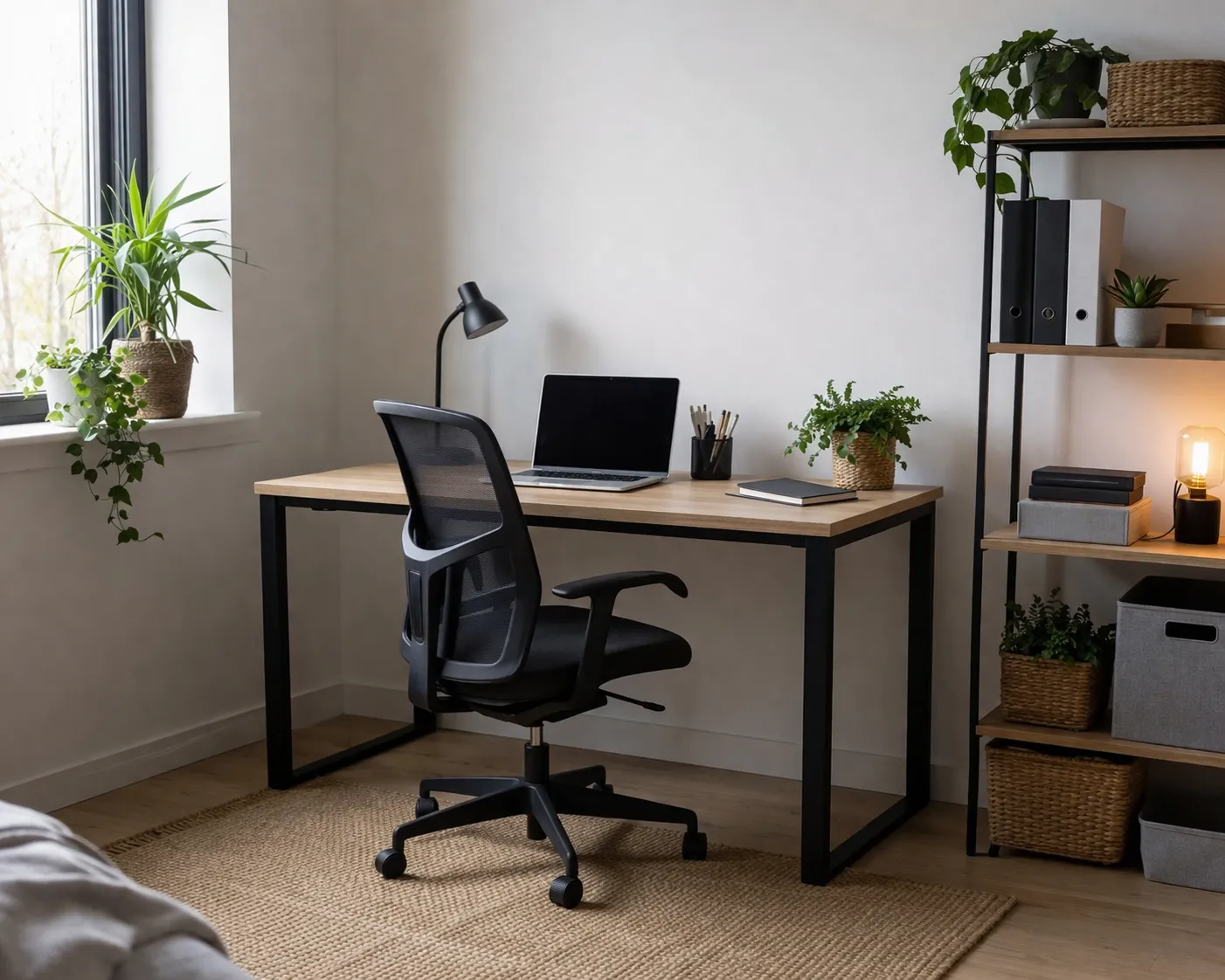 Eenvoudige en betaalbare thuiswerkplek met bureau, comfortabele stoel en praktische opbergruimte.