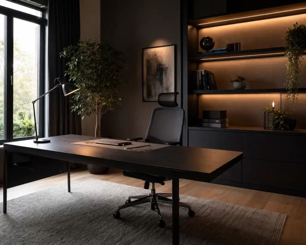 Modern thuiskantoor met warme verlichting, donkere accenten en een rustige, luxe sfeer.
