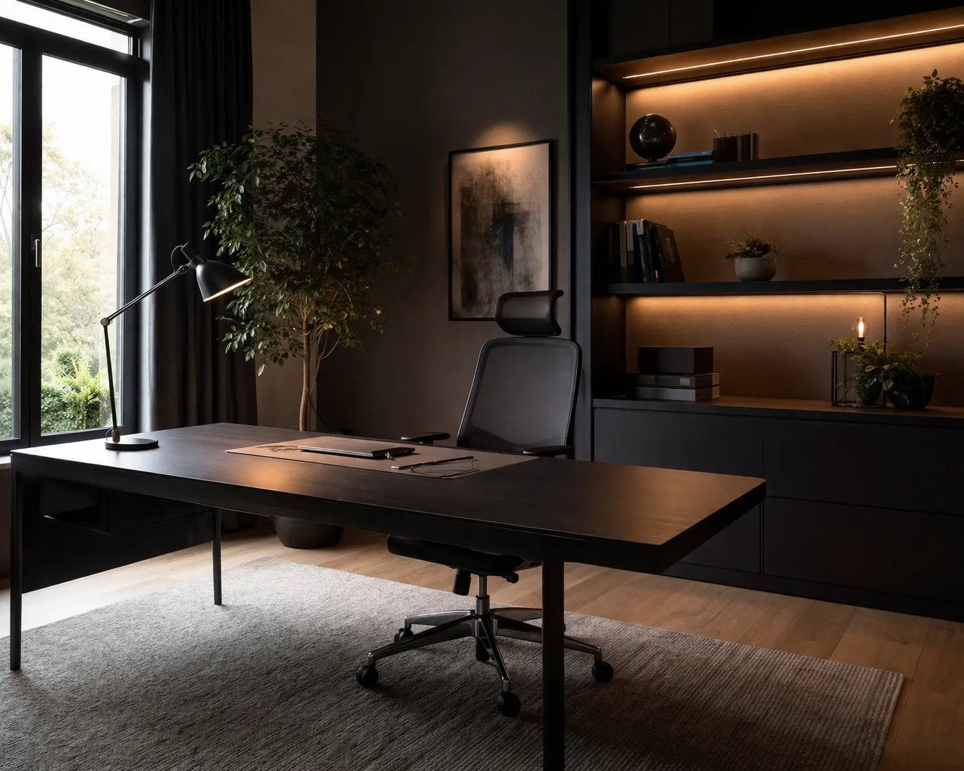 Modern thuiskantoor met warme verlichting, donkere accenten en een rustige, luxe sfeer.