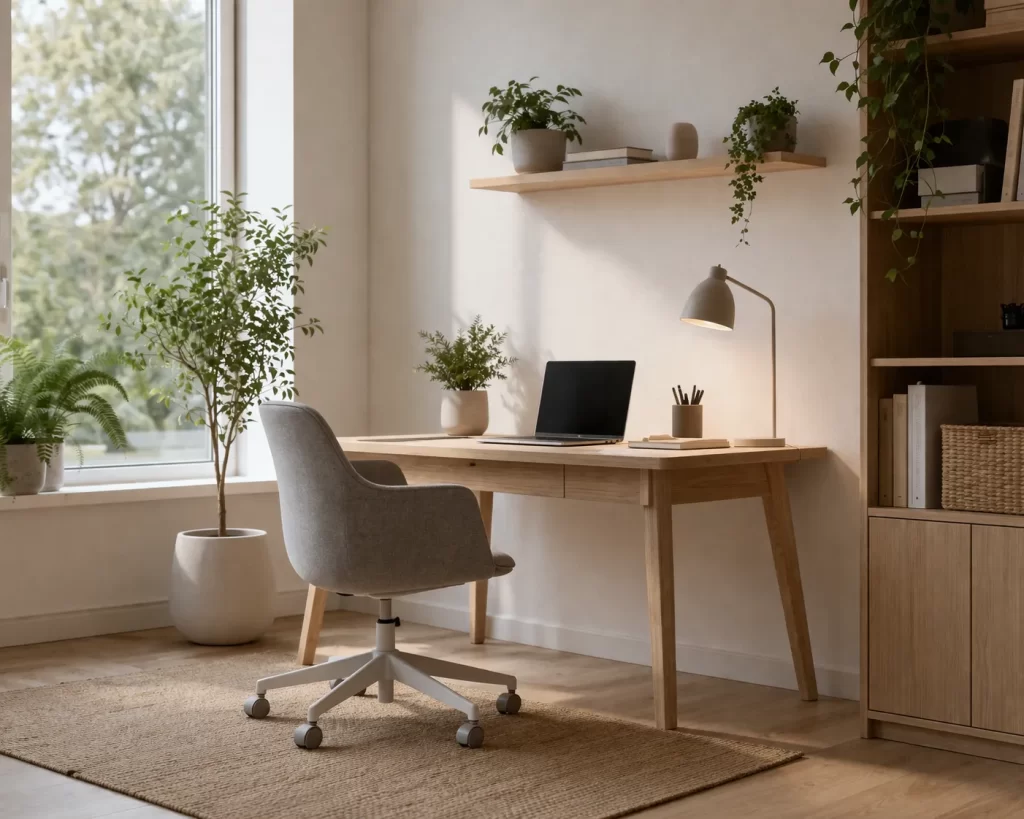 Licht, rustig en minimalistisch thuiskantoor met houten bureau, zachte tinten en veel daglicht.