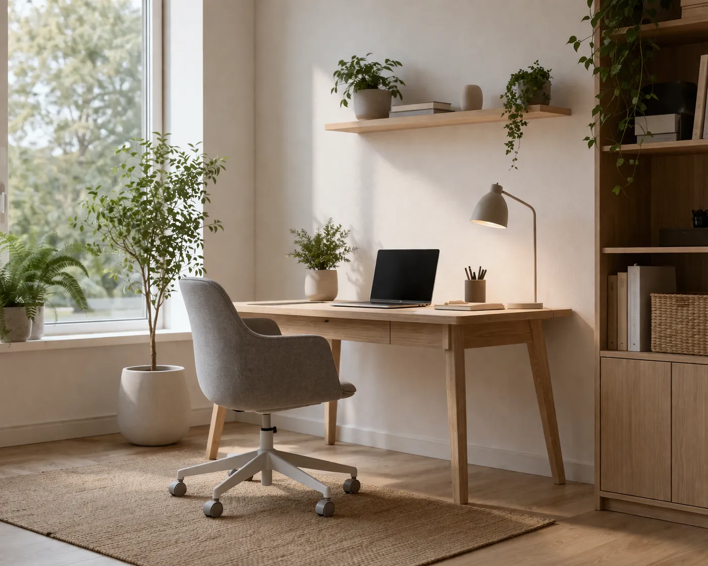 Licht, rustig en minimalistisch thuiskantoor met houten bureau, zachte tinten en veel daglicht.