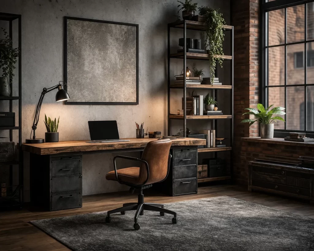 Stoer en stijlvol thuiskantoor met hout, metaal en warme verlichting.