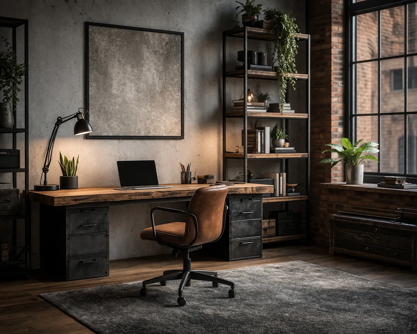 Stoer en stijlvol thuiskantoor met hout, metaal en warme verlichting.