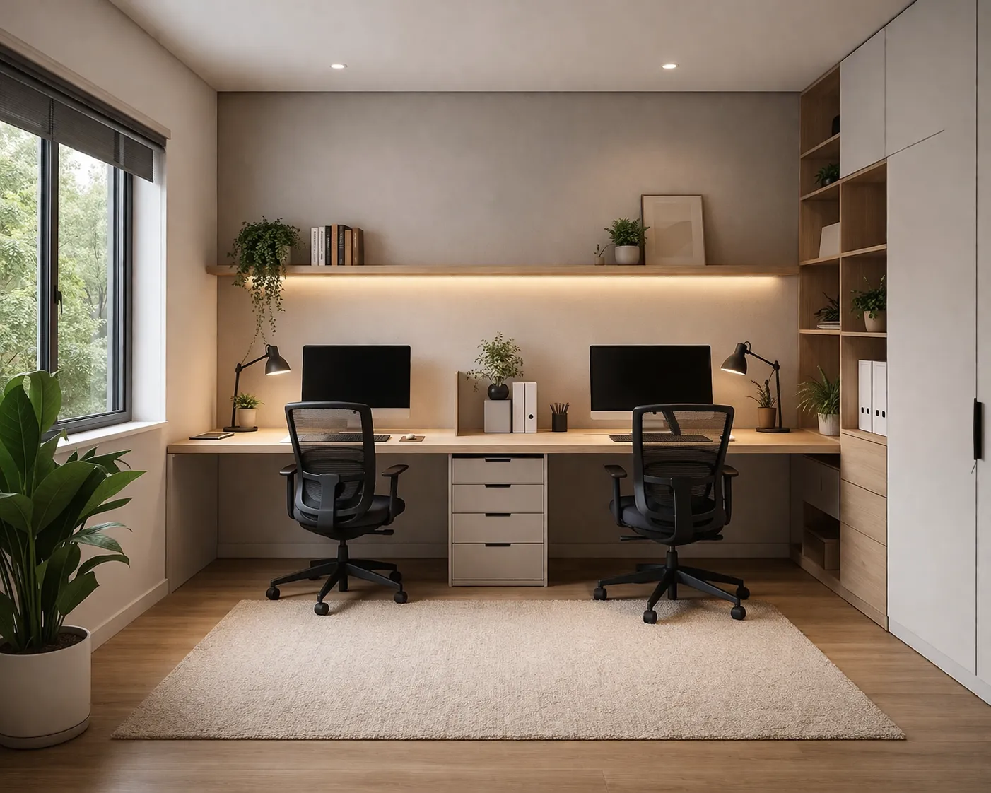 Modern en rustig thuiskantoor met twee werkplekken, veel daglicht en slimme opbergruimte.