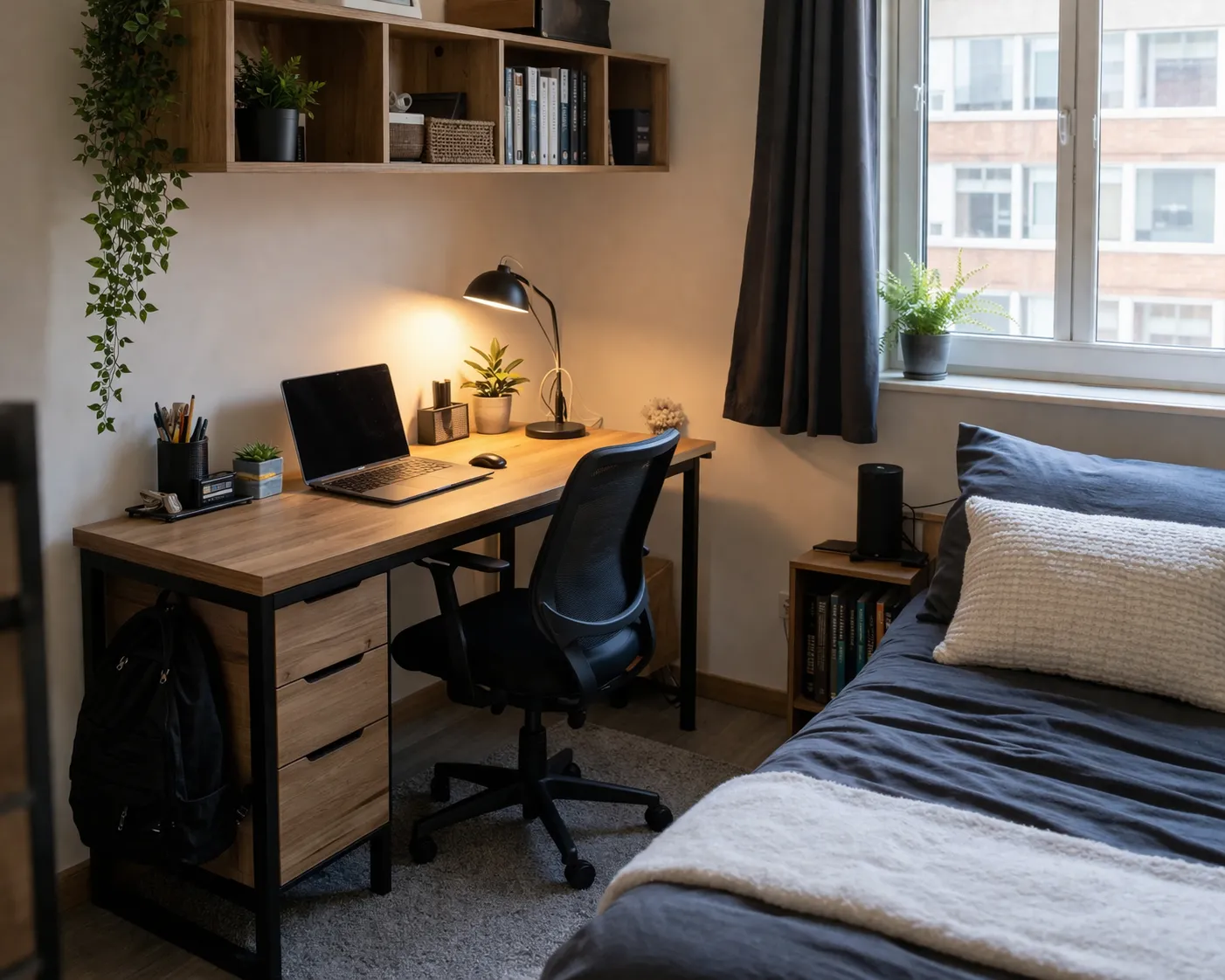 Compact en gezellig thuiskantoor met bureau, bureaustoel en slimme opbergruimte in een studentenkamer.