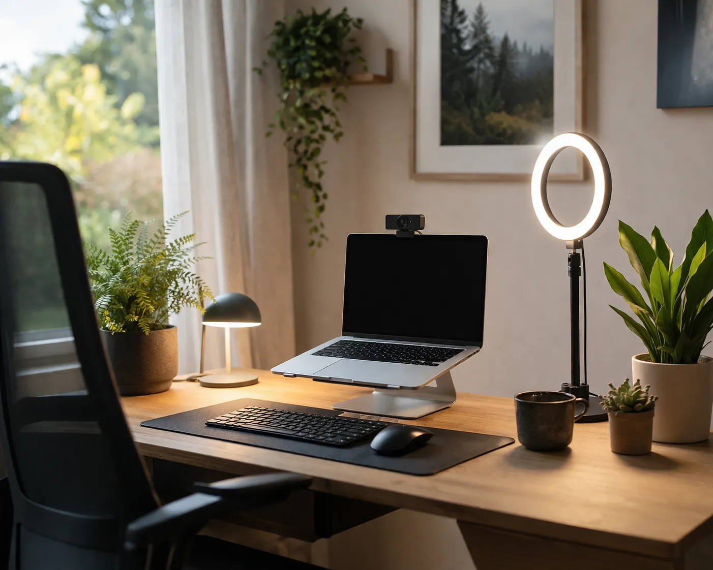 Een rustige, moderne thuiswerkplek met laptop, ringlamp en planten, ideaal voor professionele videogesprekken.