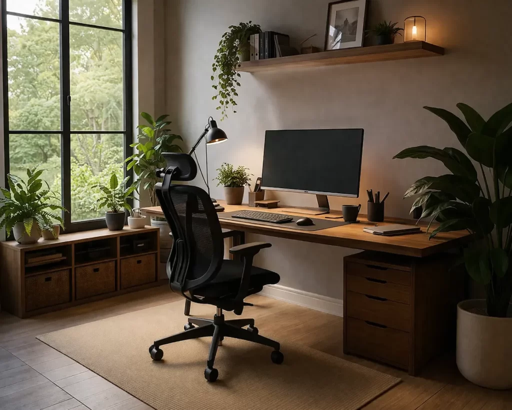 Een stijlvol en rustig thuiskantoor met houten bureau, ergonomische stoel en veel natuurlijk licht.