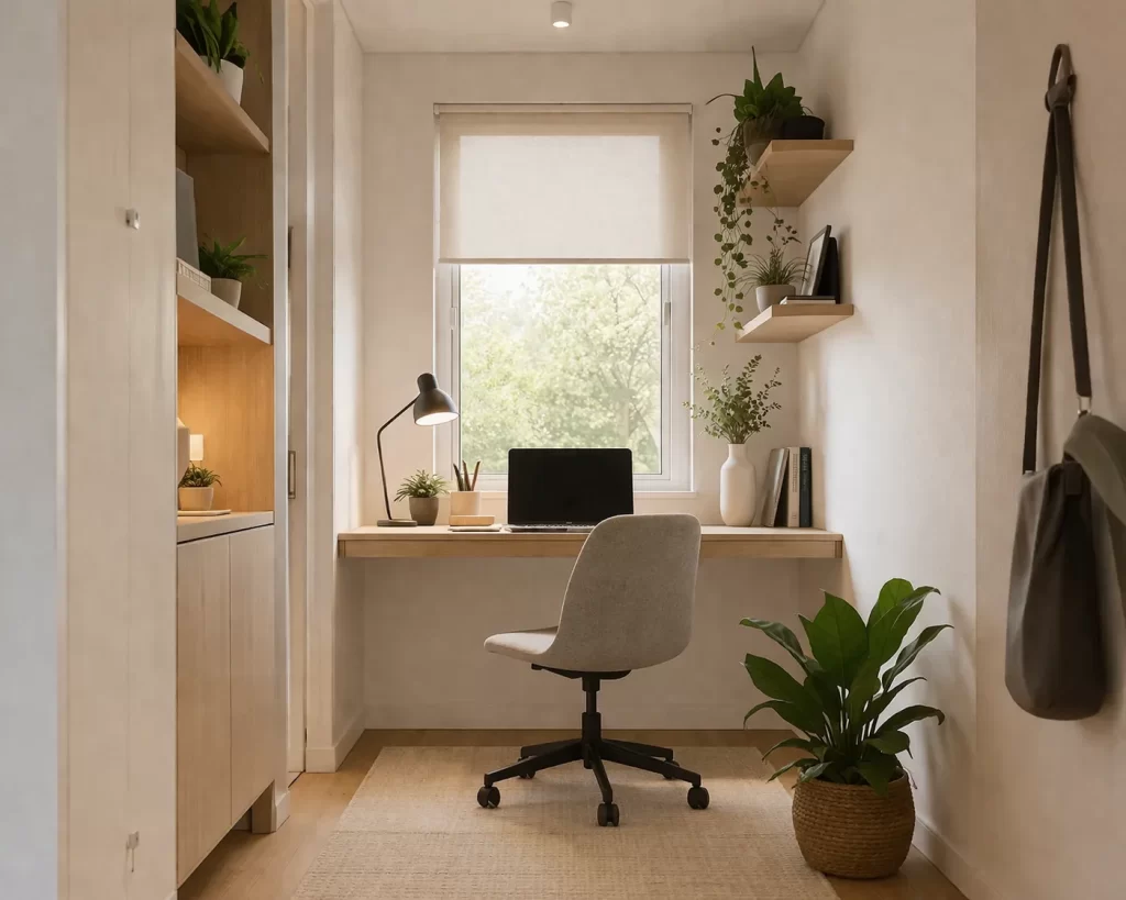 Lichte, praktische thuiswerkplek met zwevend bureau, comfortabele stoel en rustige, minimalistische sfeer.