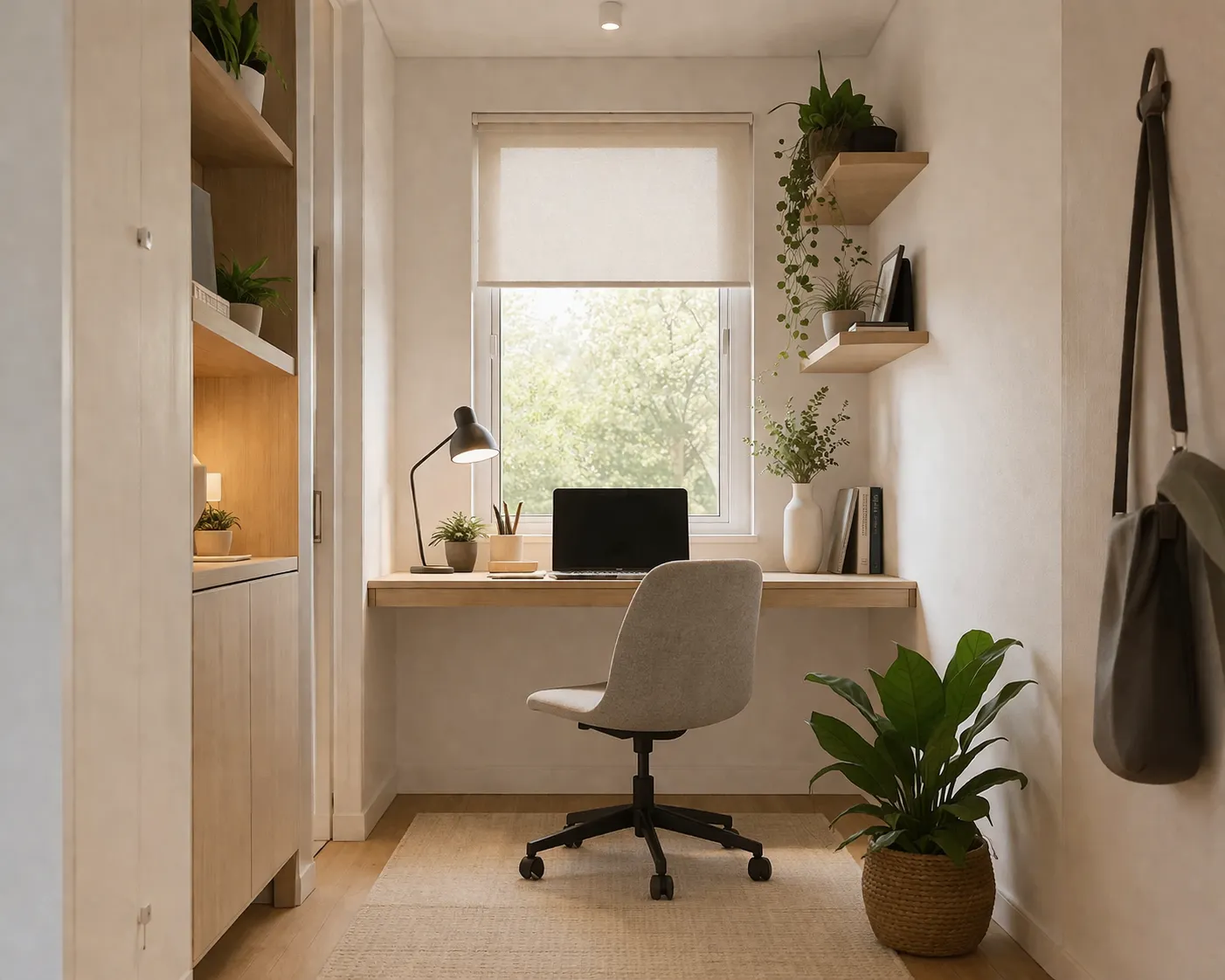 Lichte, praktische thuiswerkplek met zwevend bureau, comfortabele stoel en rustige, minimalistische sfeer.