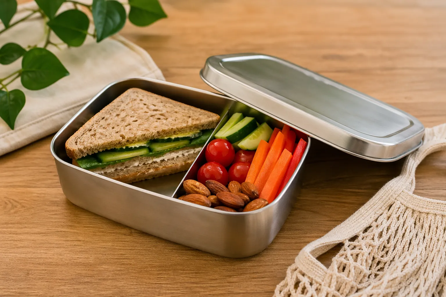 Een duurzame lunchbox zonder plastic, gevuld met verse en gezonde voeding voor dagelijks gebruik.