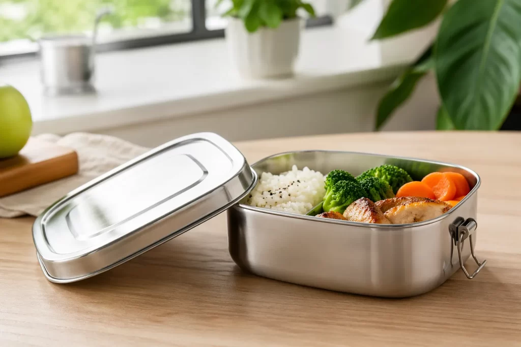 Duurzame roestvrijstalen lunchbox gevuld met verse, evenwichtige lunch in een lichte keukenomgeving.