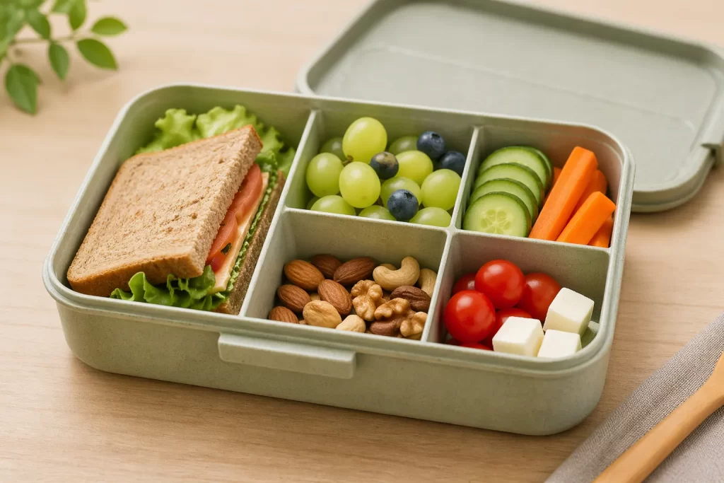 Overzichtelijke lunchbox met aparte compartimenten voor een frisse en gevarieerde maaltijd zonder mengen