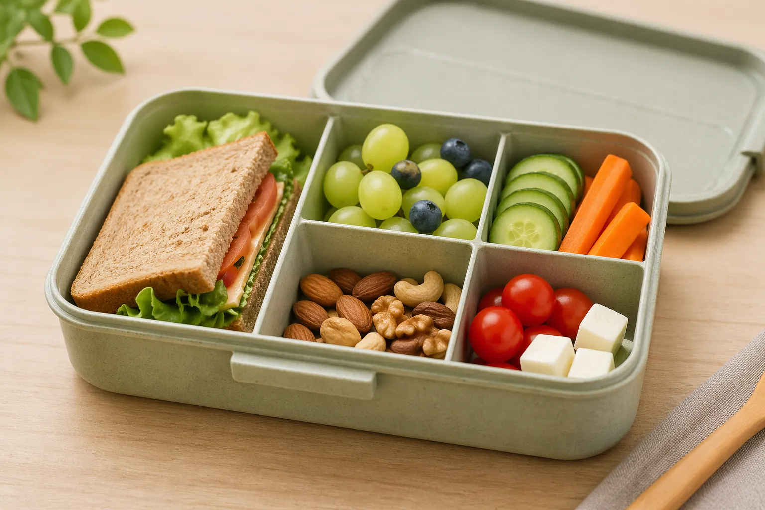 Overzichtelijke lunchbox met aparte compartimenten voor een frisse en gevarieerde maaltijd zonder mengen