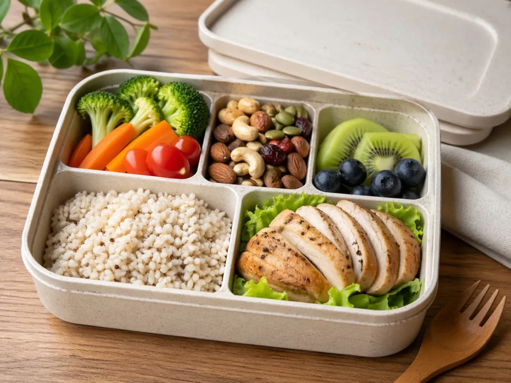 Een stijlvolle, milieuvriendelijke bento lunchbox gevuld met verschillende gezonde gerechten, perfect voor portiecontrole en een gevarieerde lunch.