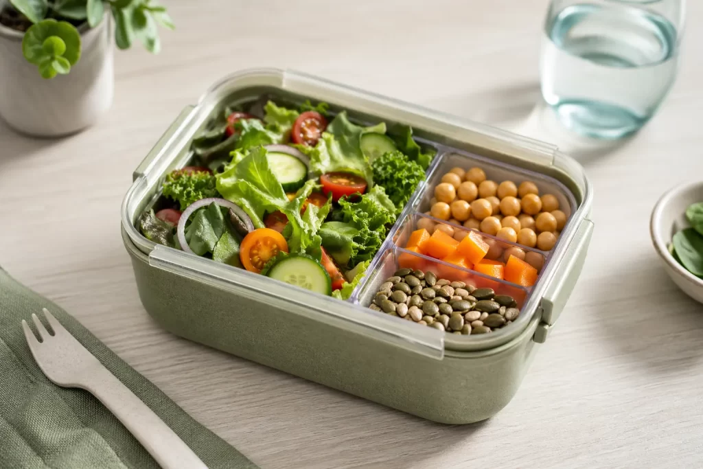 Praktische en milieuvriendelijke lunchbox met vers gescheiden salade-ingrediënten, ideaal voor dagelijks gebruik.