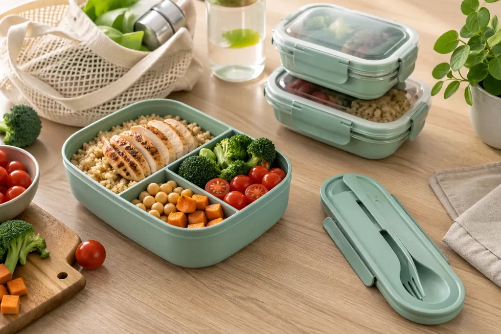 Herbruikbare lunchboxen gevuld met gezonde, vooraf bereide maaltijden voor een milieubewuste levensstijl.