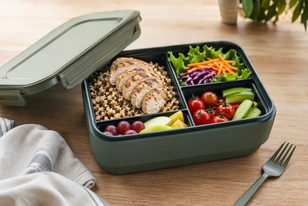 Ruime lunchbox met gevarieerde, verse en gezonde lunch voor lange dagen en meal prep